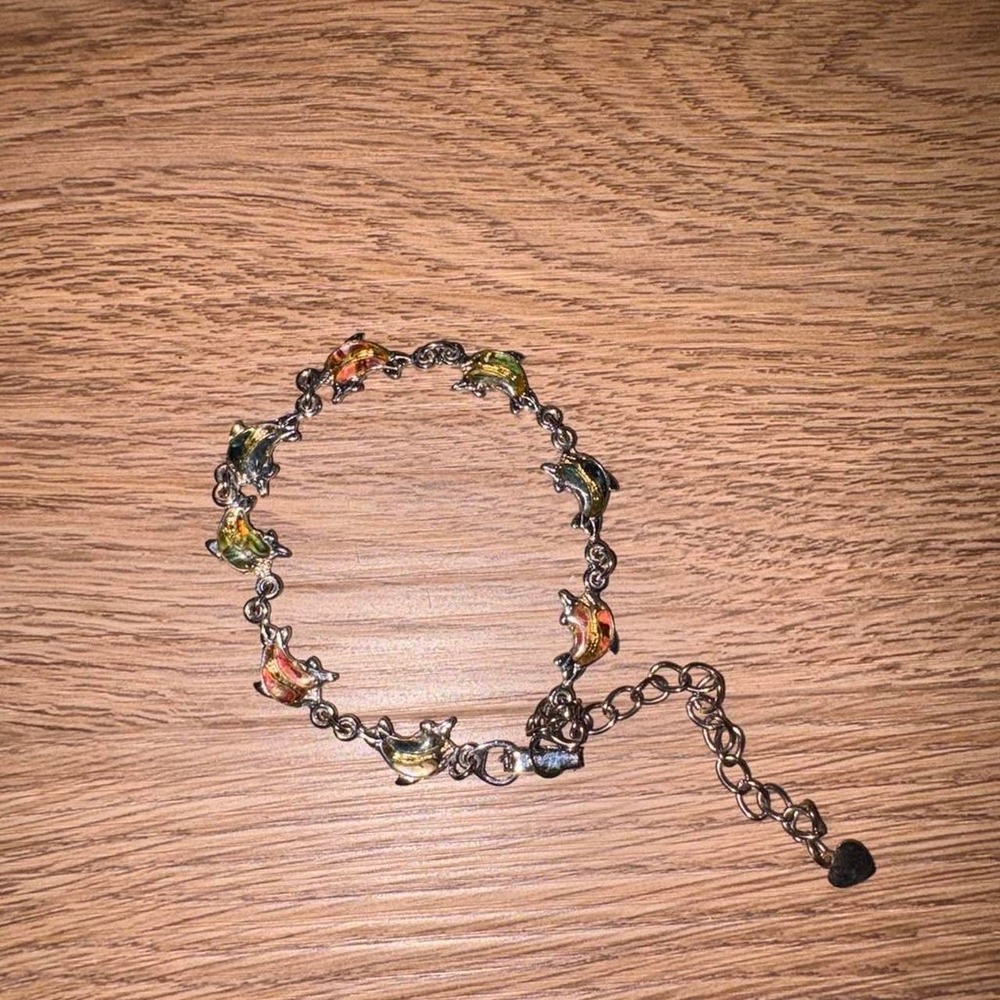 Silver Multi-colored dolphin charm bracelet with adjustable chain